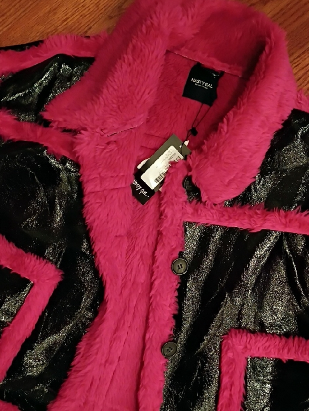 Nasty Gal Black Coat with Hot Pink Faux Fur Trim